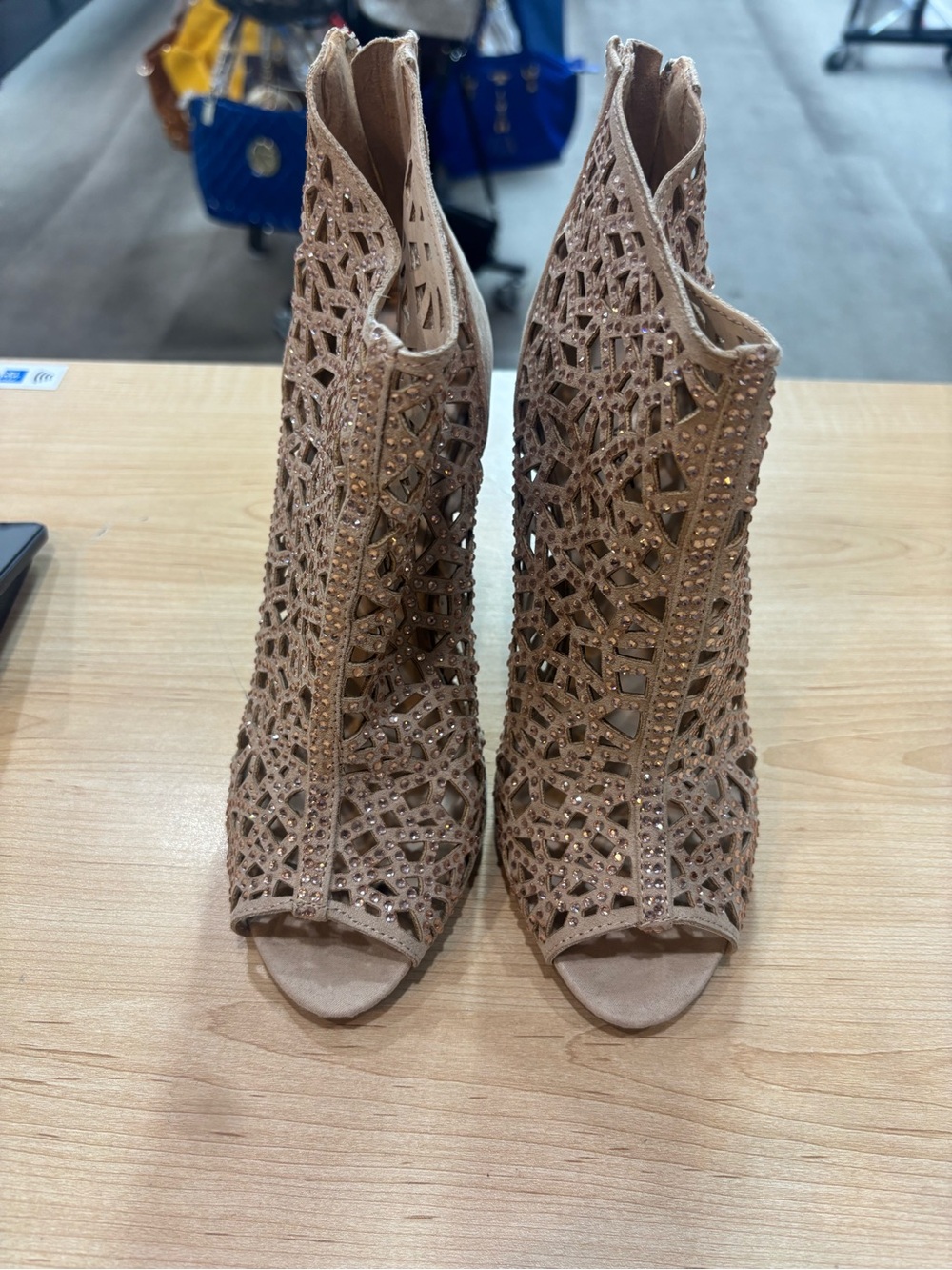 Nine West Nude Open-Toe Cutout Heeled Booties with Rhinestone Accents